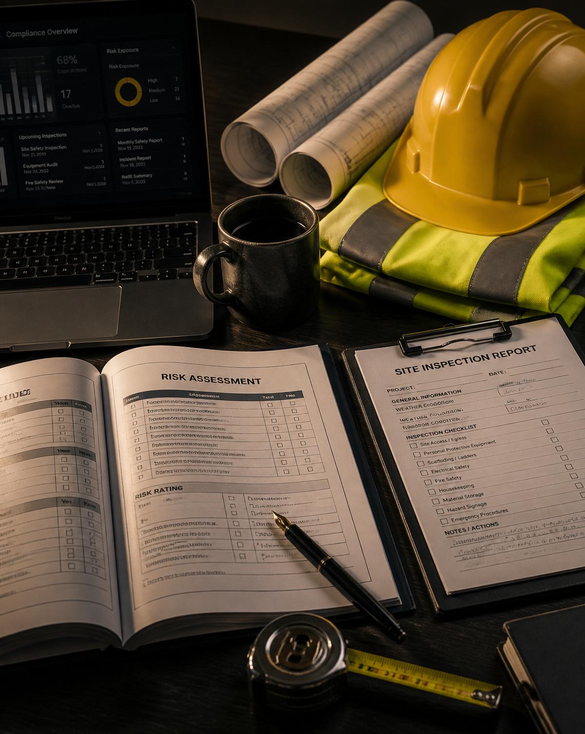 Orakul Safety consultancy desk: risk assessments, site plans, hard hat, high-vis vest and compliance dashboard